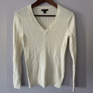 Tommy Hilfiger Womens V-Neck Cable Knit Pullover Sweater, Cream, GUC, Size Med